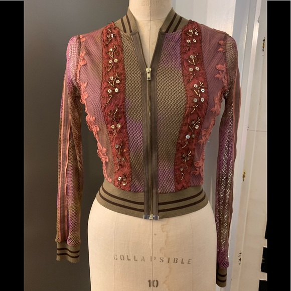 Hale Bob Tops - Hale Bob Pink Brown Mesh Lace Zipper Jacket sz XS